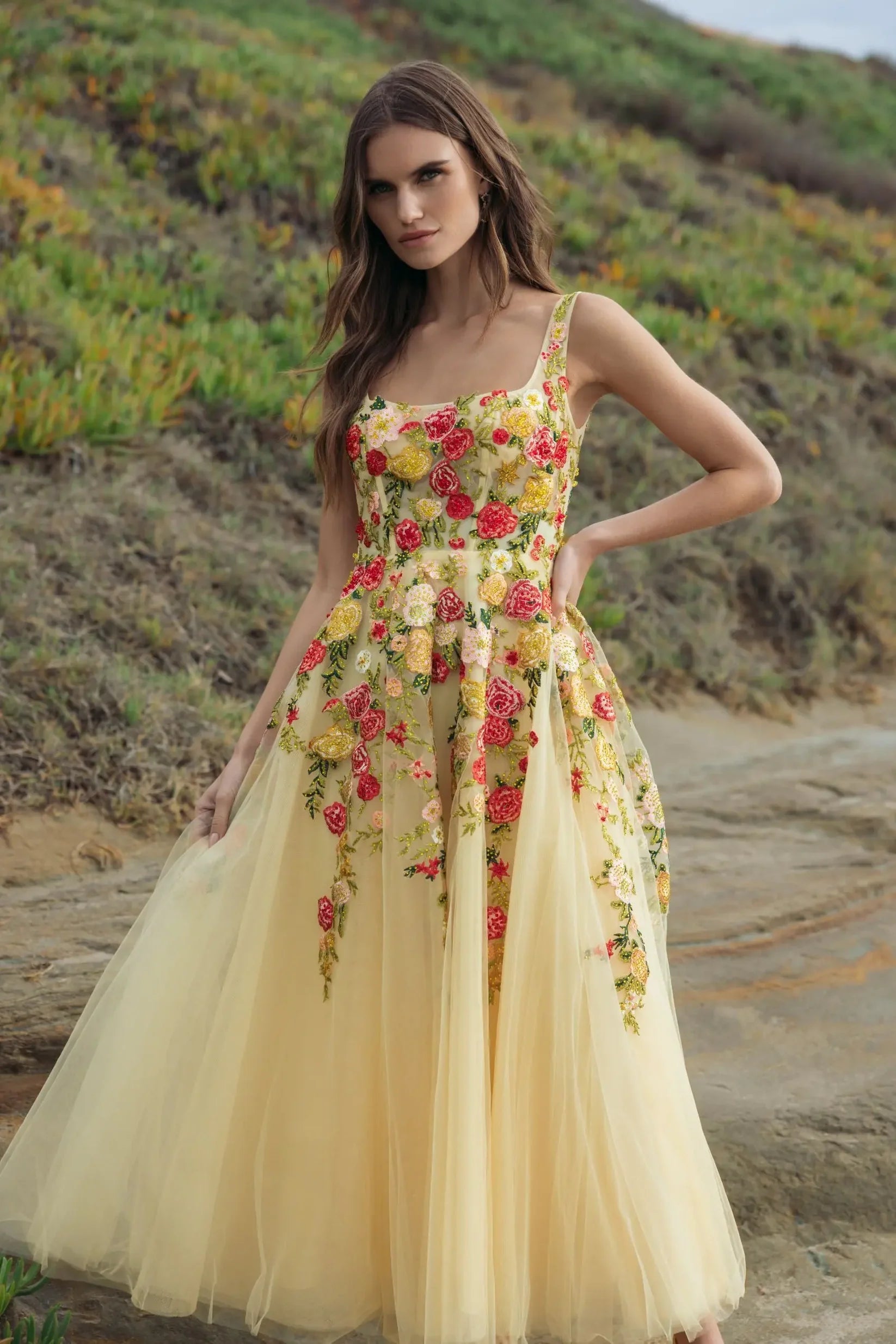 Mac Duggal Yellow Embroidered Tulle A-Line Midi Dress #21294 