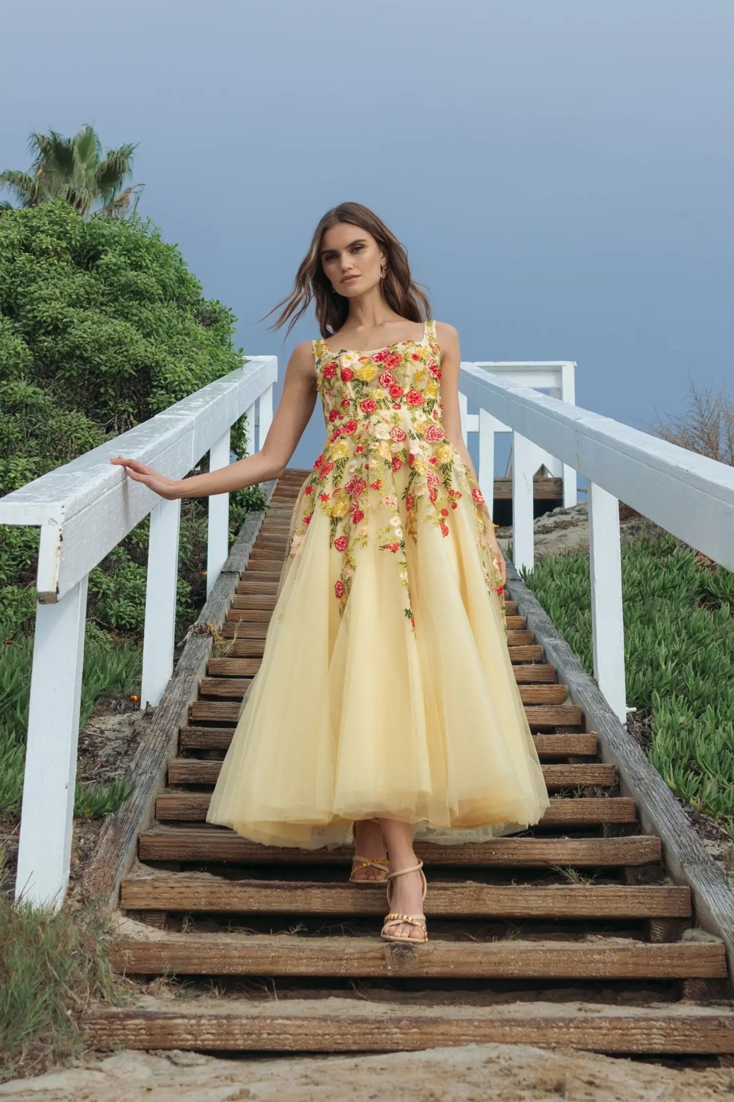 Mac Duggal Yellow Embroidered Tulle A-Line Midi Dress #21294 