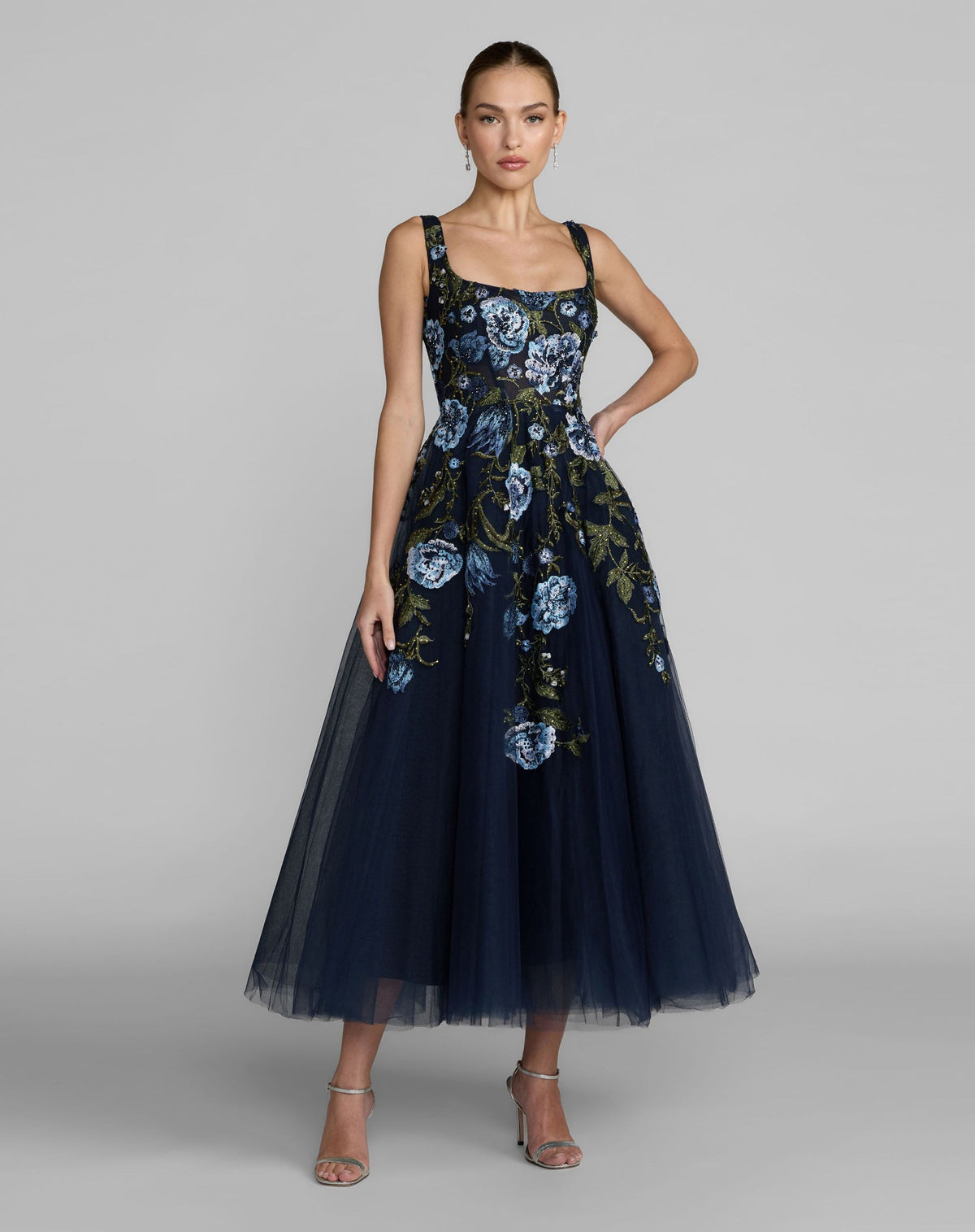 Mac Duggal Style 21295 | Square Neck Embroidered A-Line Midi Dress in Blue Multi