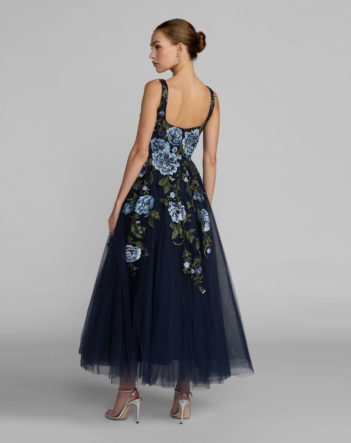 Mac Duggal Style 21295 | Square Neck Embroidered A-Line Midi Dress in Blue Multi back view of tulle
