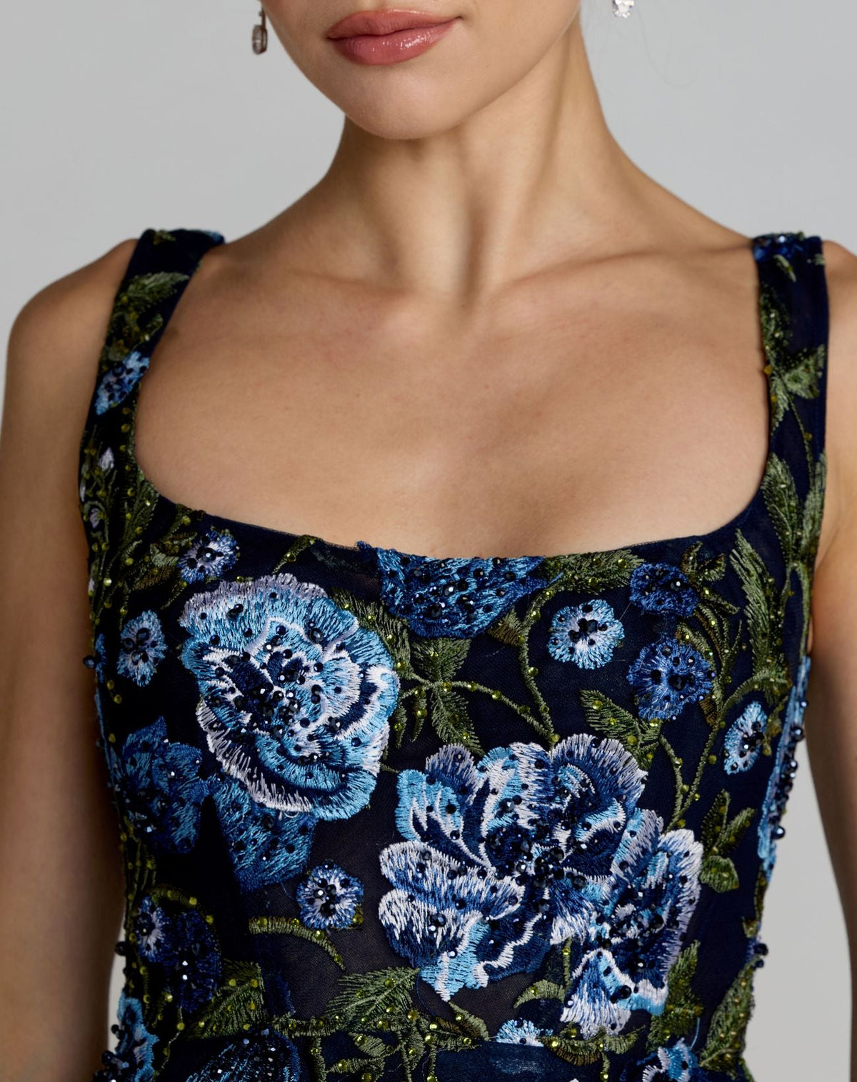 Mac Duggal Style 21295 | Square Neck Embroidered A-Line Midi Dress in Blue Multi close up of bust