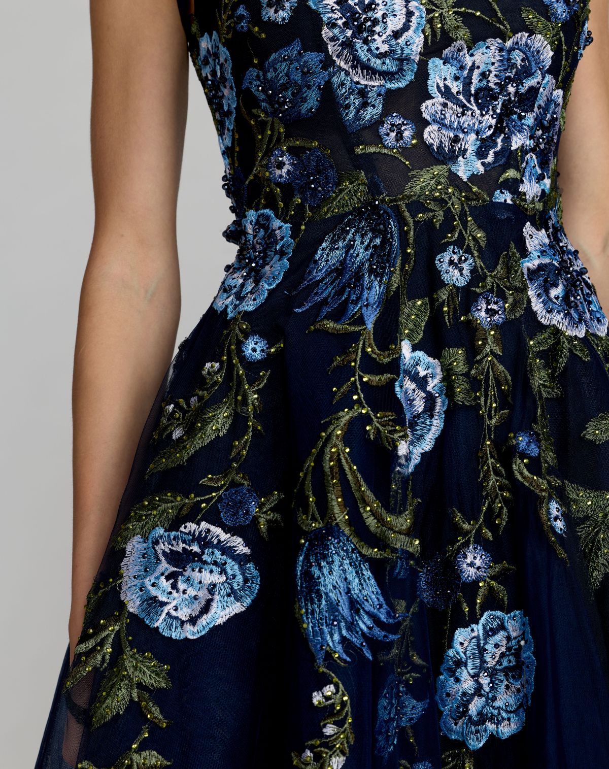 Mac Duggal Style 21295 | Square Neck Embroidered A-Line Midi Dress in Blue Multi close up view of embroidery