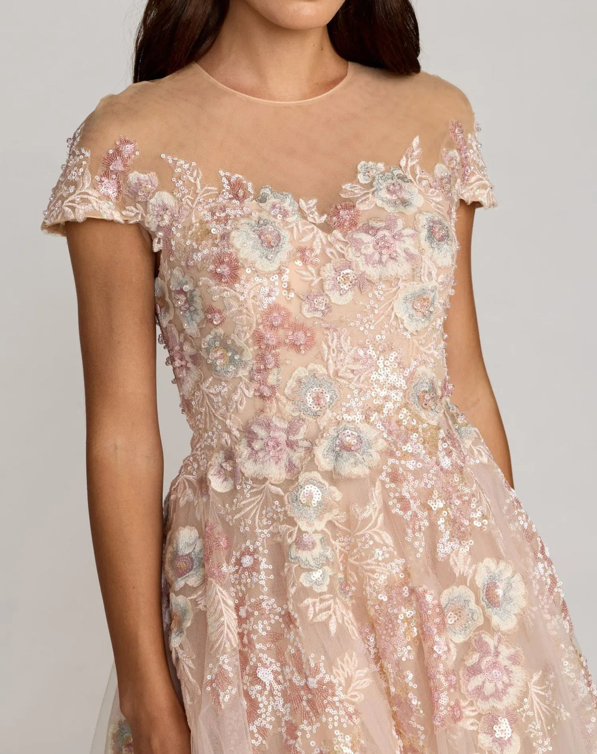 Mac Duggal 21296 Blush Multi Floral Print Sleeveless Gown with Plunging V-Neckline and A-Line Skirt
