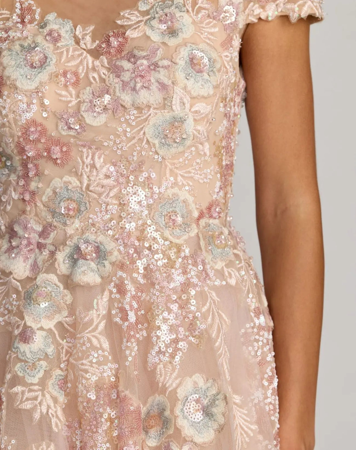 Mac Duggal 21296 Blush Multi Floral Print Sleeveless Gown with Plunging V-Neckline and A-Line Skirt