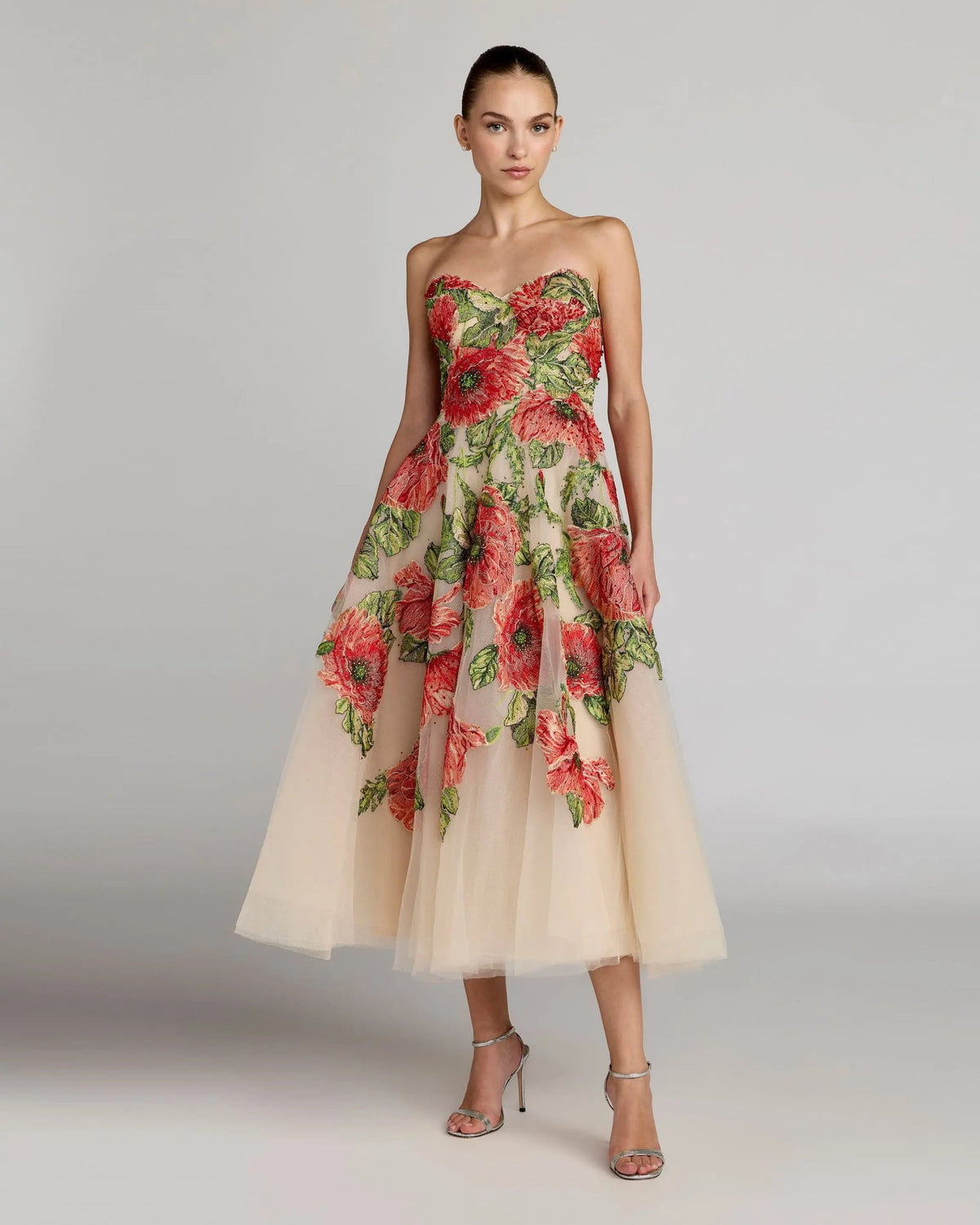 Mac Duggal Beige Strapless Floral Embroidered Midi Dress #21300 Nude Multi