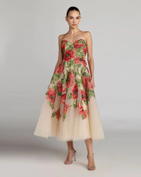 Mac Duggal Beige Strapless Floral Embroidered Midi Dress #21300 Nude Multi