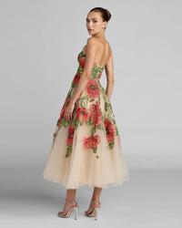 Mac Duggal Beige Strapless Floral Embroidered Midi Dress #21300 Nude Multi