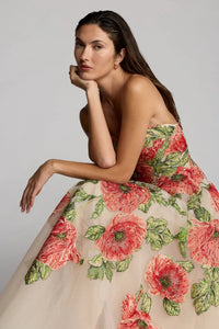 Mac Duggal Beige Strapless Floral Embroidered Midi Dress #21300 Nude Multi