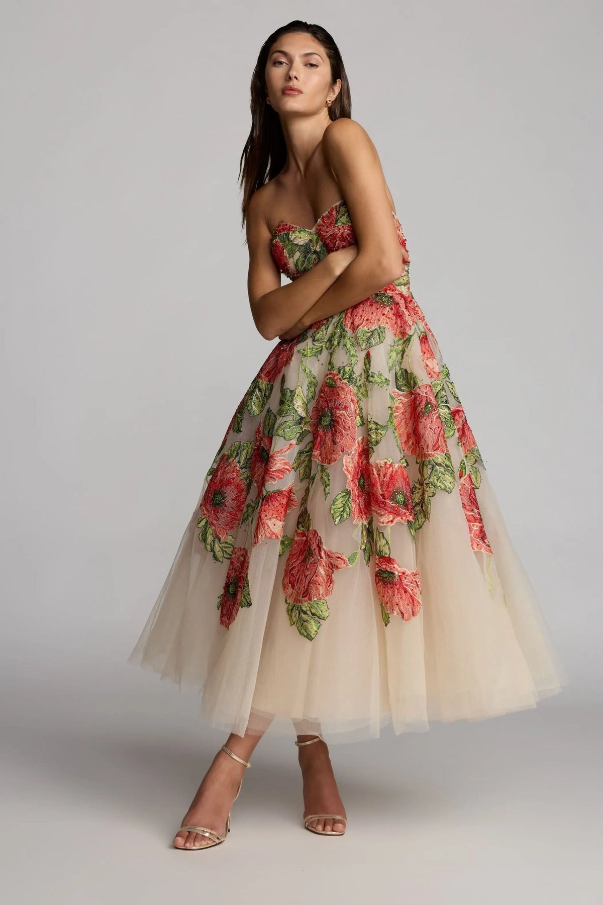 Mac Duggal Beige Strapless Floral Embroidered Midi Dress #21300 Nude Multi