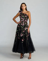 Embroidered Floral One Shoulder A-Line Dress