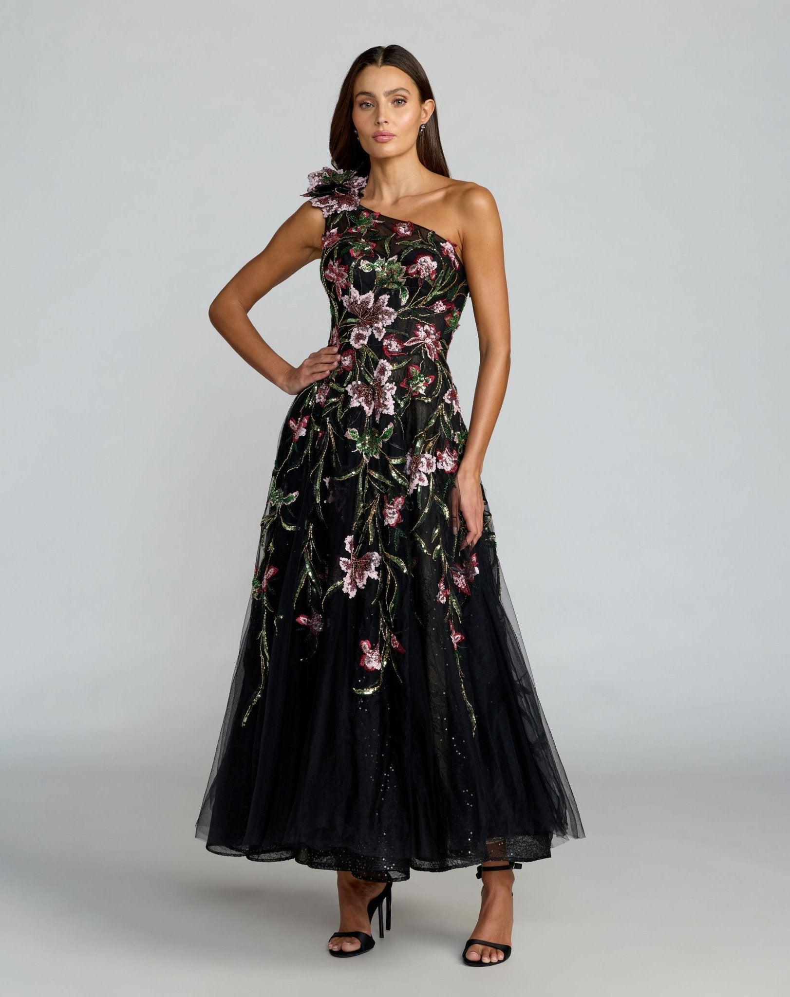 Embroidered Floral One Shoulder A-Line Dress