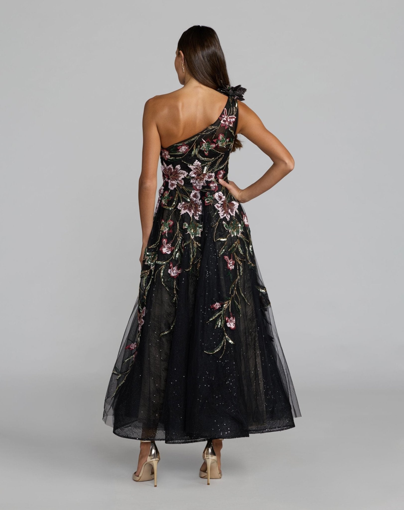 Embroidered Floral One Shoulder A-Line Dress