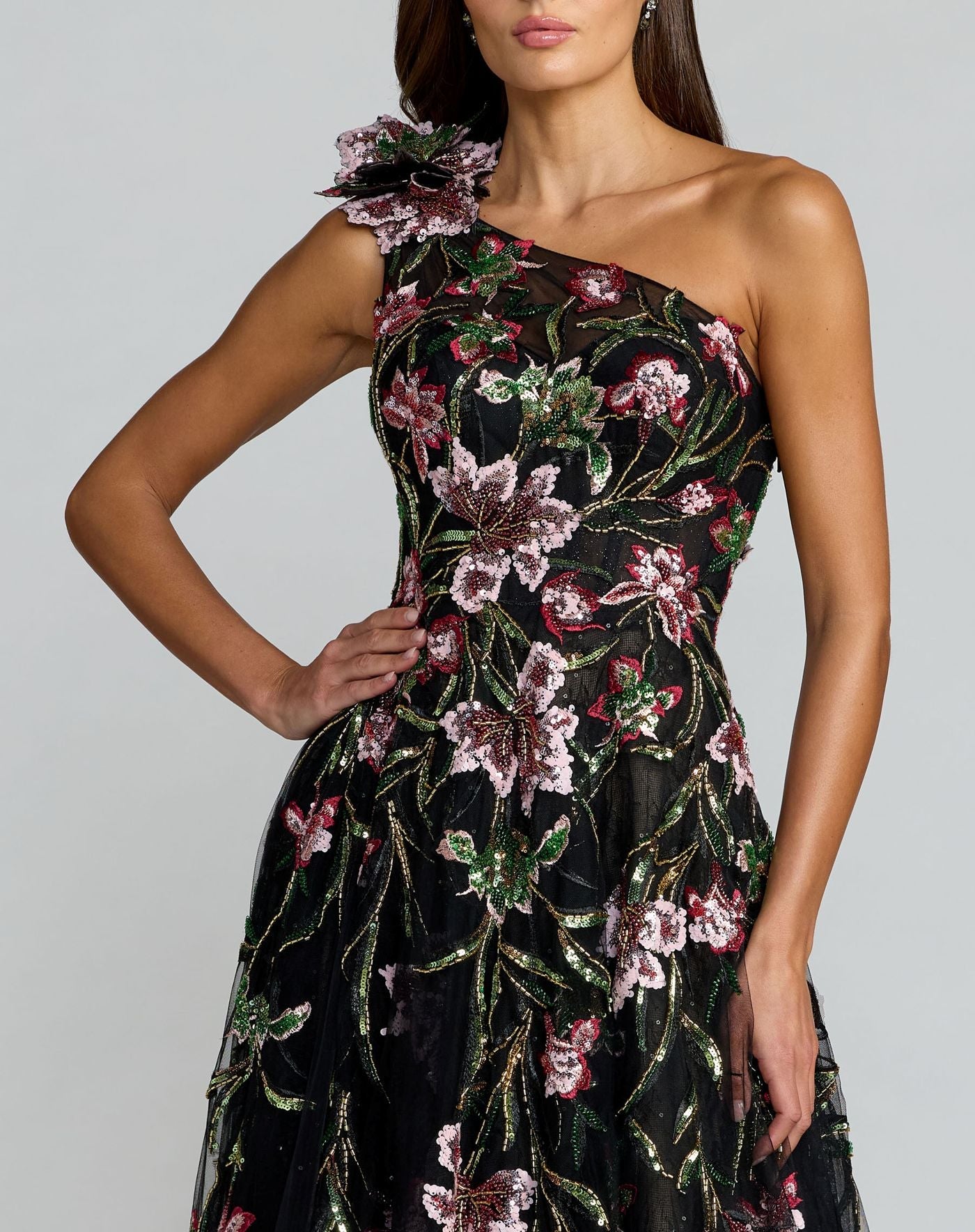 Embroidered Floral One Shoulder A-Line Dress