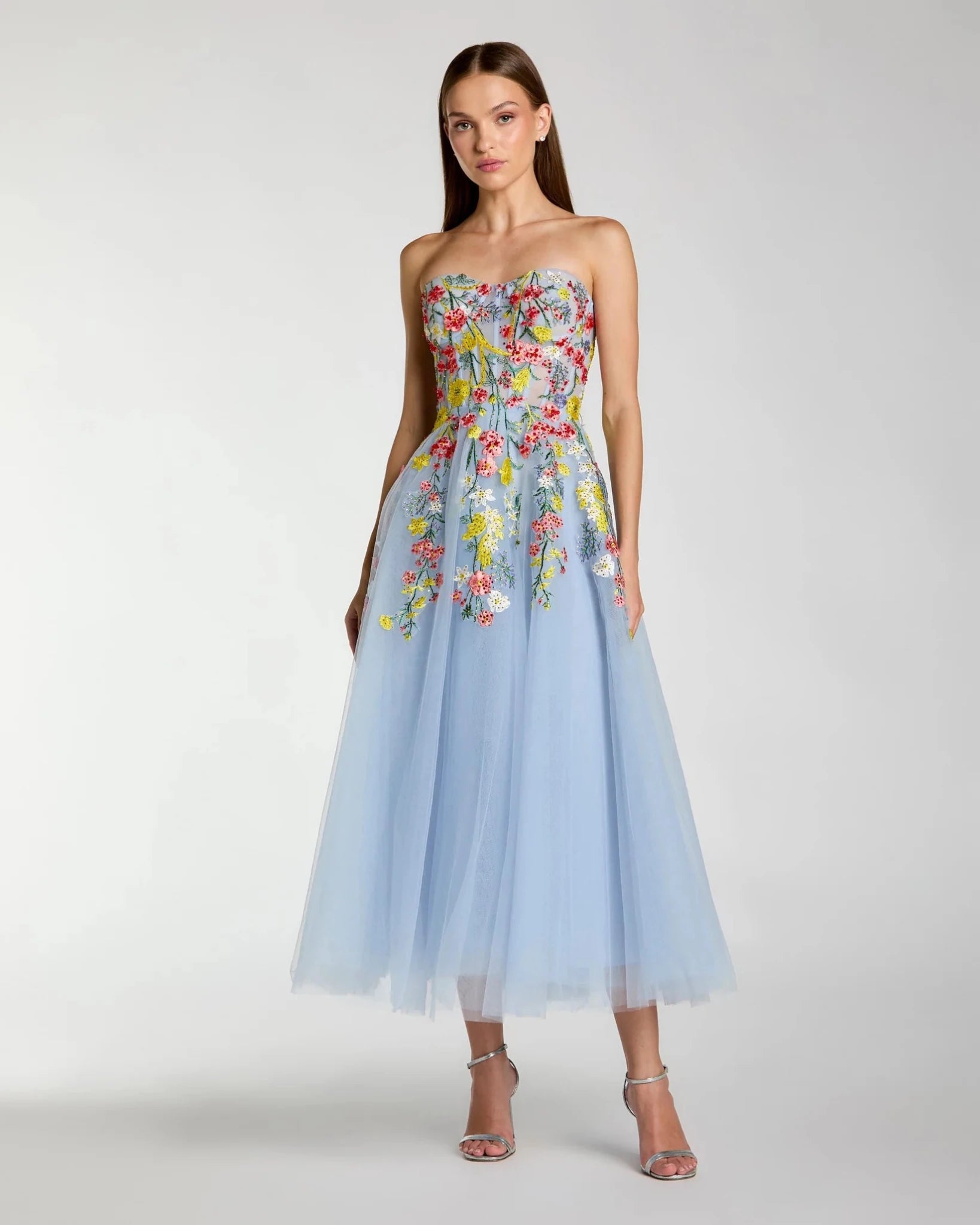 blue bustier embroidered floral a-line dress Bustier Corset A Line Midi Dress Floral Blue