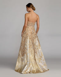 Strapless Embellished Brocade A-Line Gown - Champagne