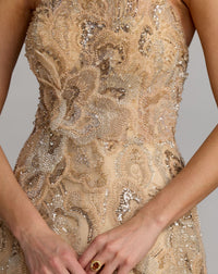 Strapless Embellished Brocade A-Line Gown - Champagne