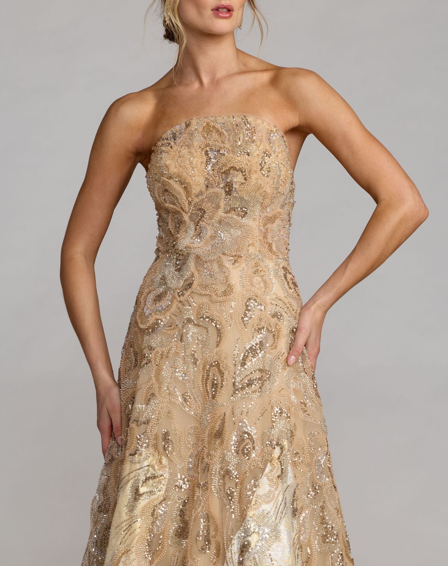 Strapless Embellished Brocade A-Line Gown - Champagne