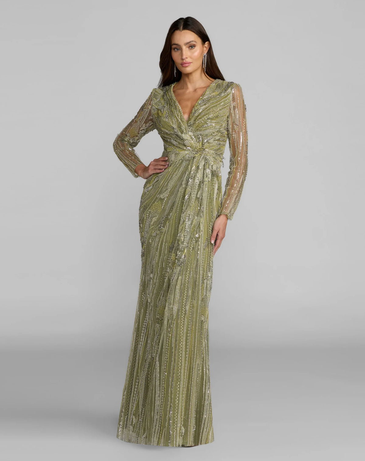 Mac Duggal Pistachio Embellished Mesh Long Sleeve Column Gown #21306