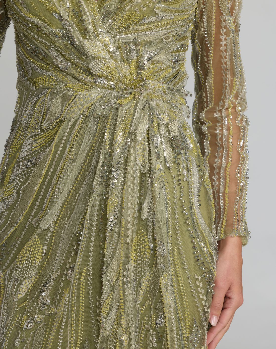 Mac Duggal Pistachio Embellished Mesh Long Sleeve Column Gown #21306