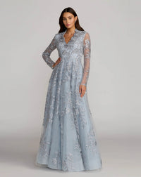Blue Embroidered V-Neck Long Sleeve Gown