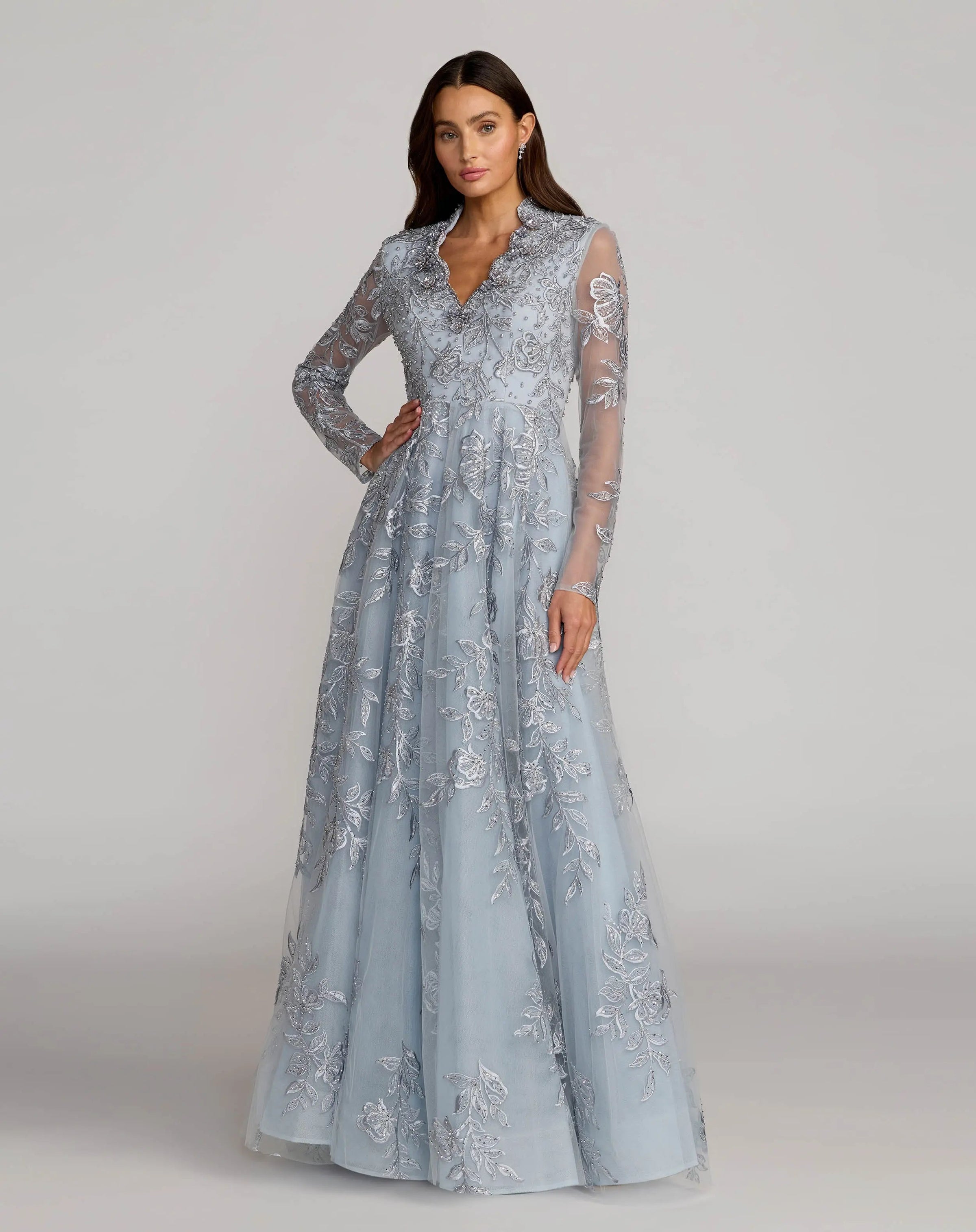 Blue Embroidered V-Neck Long Sleeve Gown