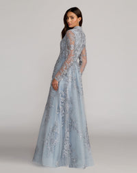 Blue Embroidered V-Neck Long Sleeve Gown - Back