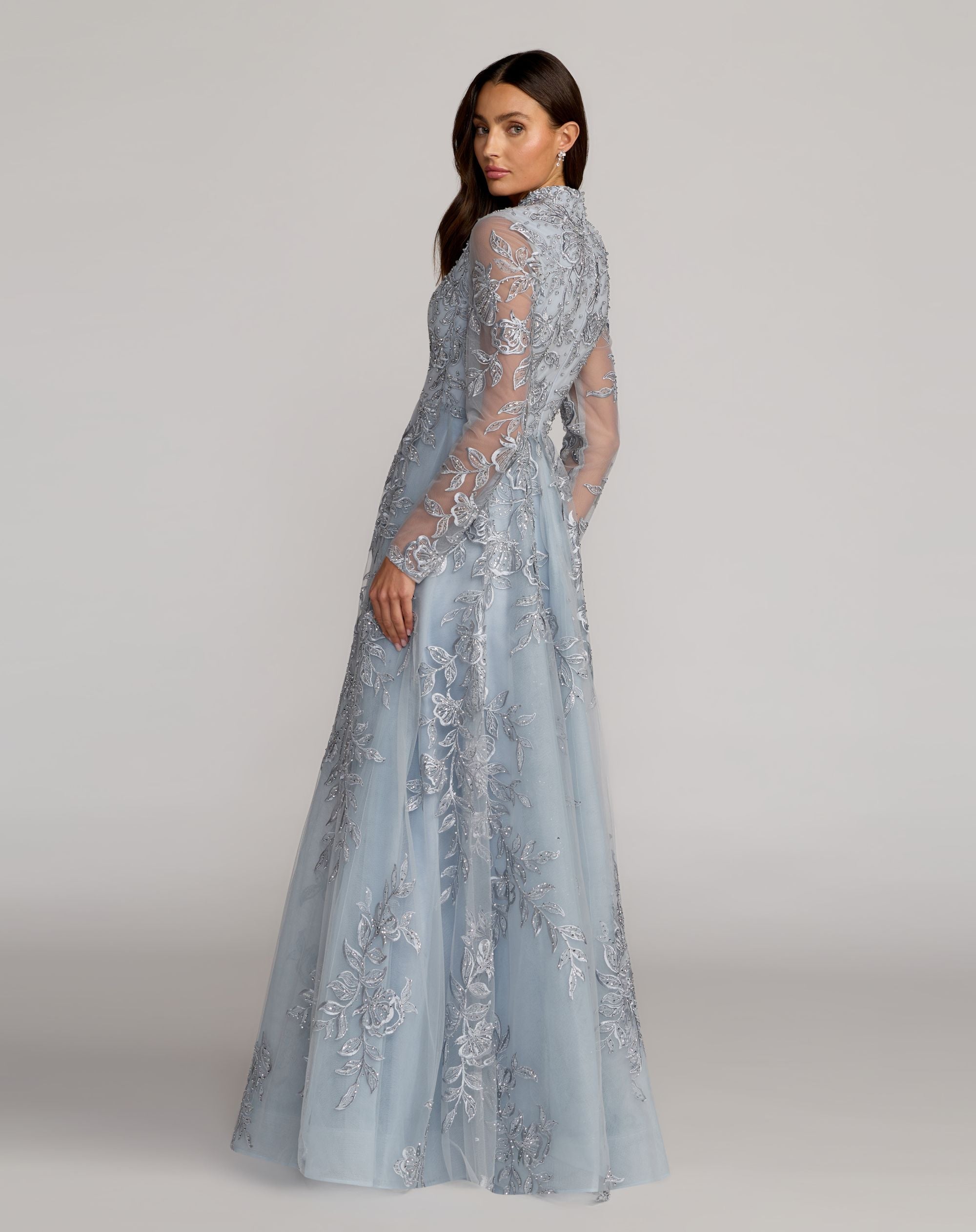 Blue Embroidered V-Neck Long Sleeve Gown - Back