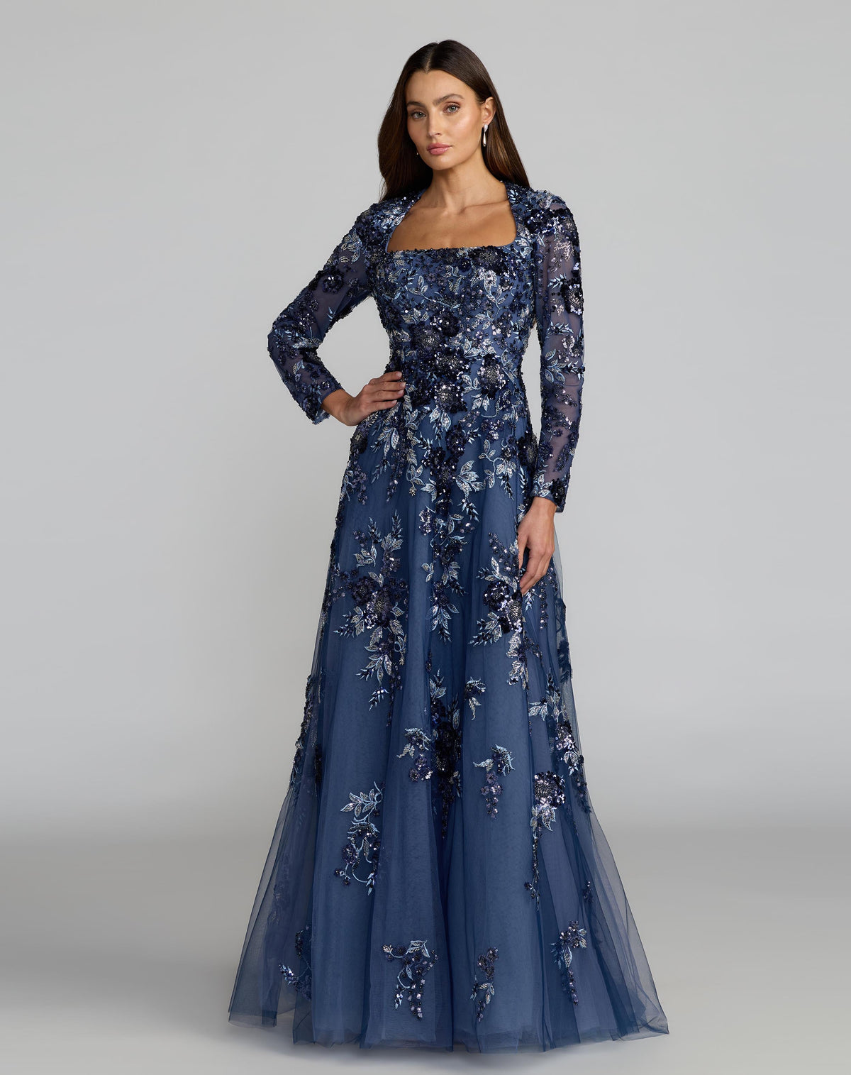Mac Duggal #21308 Embellished Floral A Line Gown Moody Blue