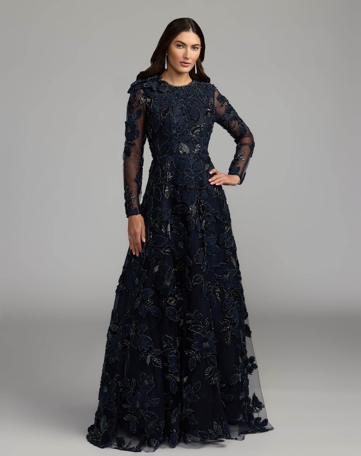 Mac Duggal #21309 midnight navy floral embellished long sleeve gown