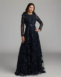 Mac Duggal #21309 midnight navy floral embellished long sleeve gown