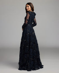 Mac Duggal #21309 midnight navy floral embellished long sleeve gown