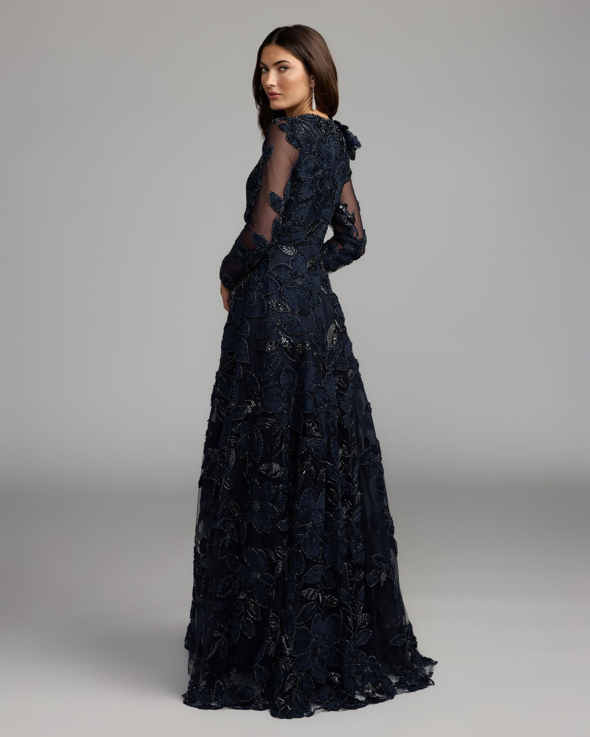 Mac Duggal #21309 midnight navy floral embellished long sleeve gown