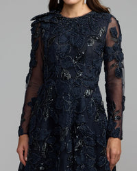 Mac Duggal #21309 midnight navy floral embellished long sleeve gown