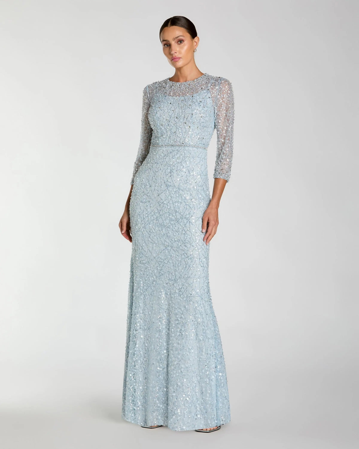 Mac Duggal Light Baby Blue Beaded 3/4 Sleeve Trumpet Gown Powder Blue #21313