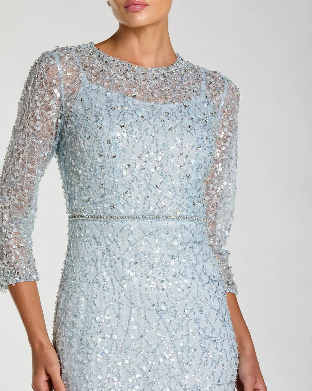 Mac Duggal Light Baby Blue Beaded 3/4 Sleeve Trumpet Gown Powder Blue #21313 close up
