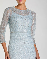 Mac Duggal Light Baby Blue Beaded 3/4 Sleeve Trumpet Gown Powder Blue #21313 close up
