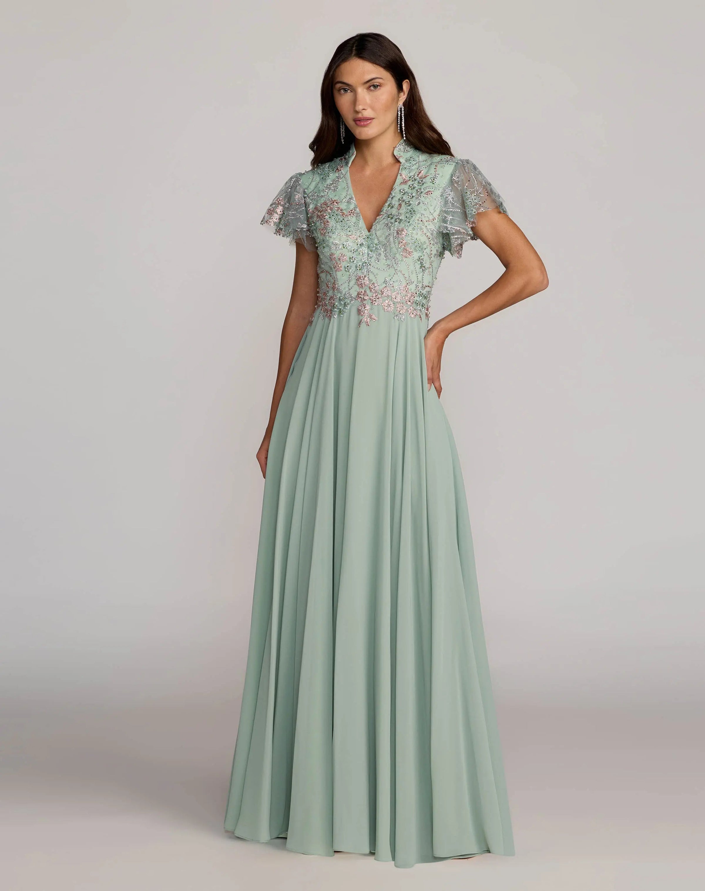 Mac Duggal #21314 Embroidered Flutter Sleeve V Neck Gown Sage