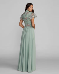 Embroidered Flutter Sleeve V Neck Gown - Sage