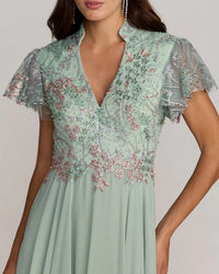 Embroidered Flutter Sleeve V Neck Gown - Sage