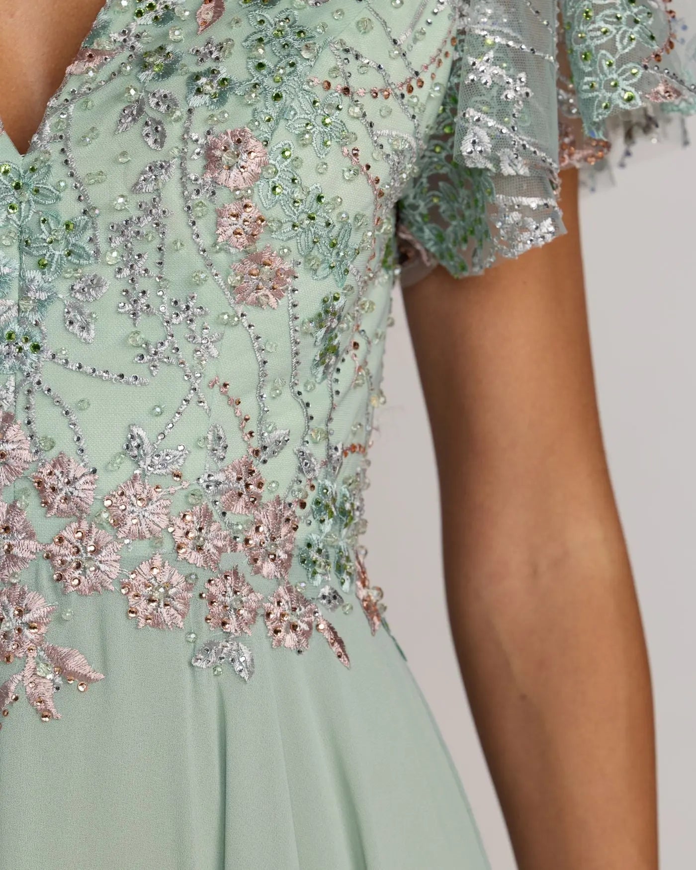 Embroidered Flutter Sleeve V Neck Gown - Sage