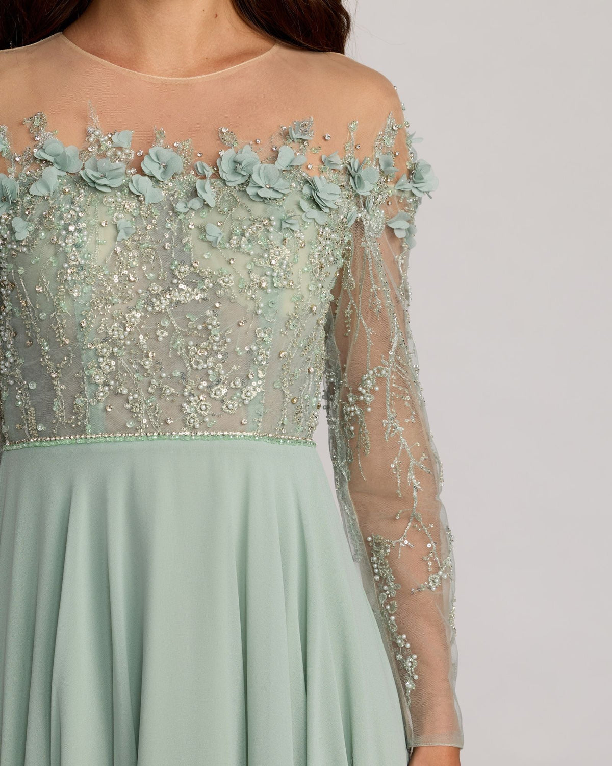 close of shot of detailed embroidery on Mac Duggal Style 21315 Sage green tulle gown with floral appliqué and A-line silhouette