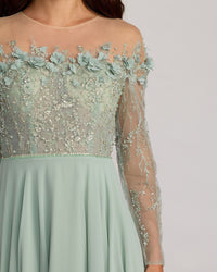 close of shot of detailed embroidery on Mac Duggal Style 21315 Sage green tulle gown with floral appliqué and A-line silhouette