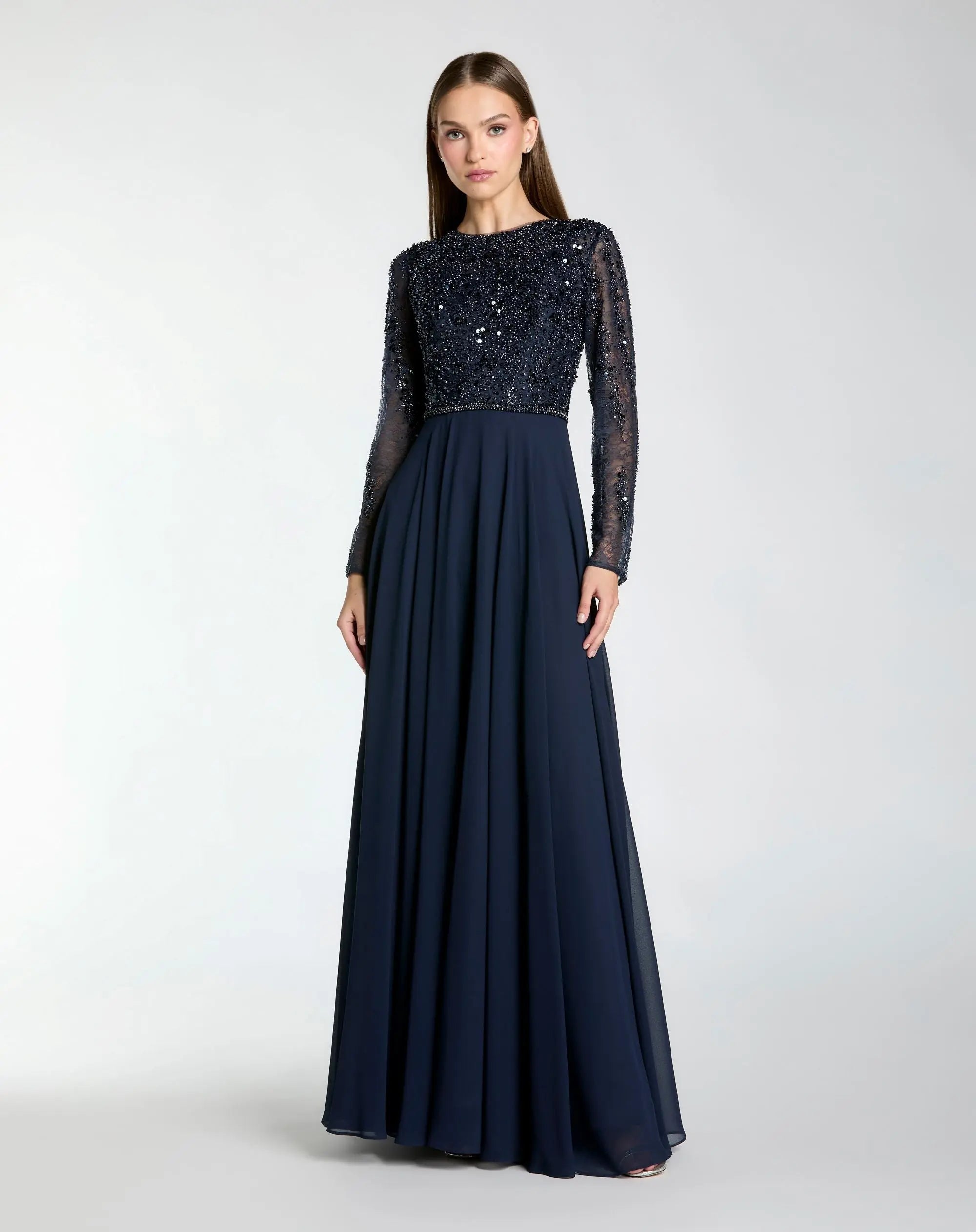 Mac Duggal #21316 midnight embellished lace long sleeve gown with chiffon skirt