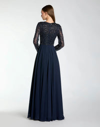Mac Duggal #21316 midnight embellished lace long sleeve gown with chiffon skirt