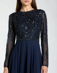 Mac Duggal #21316 midnight embellished lace long sleeve gown with chiffon skirt