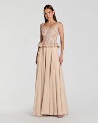 Mac Duggal Beige Embroidered Peplum Top With Chiffon Skirt Gown #21317