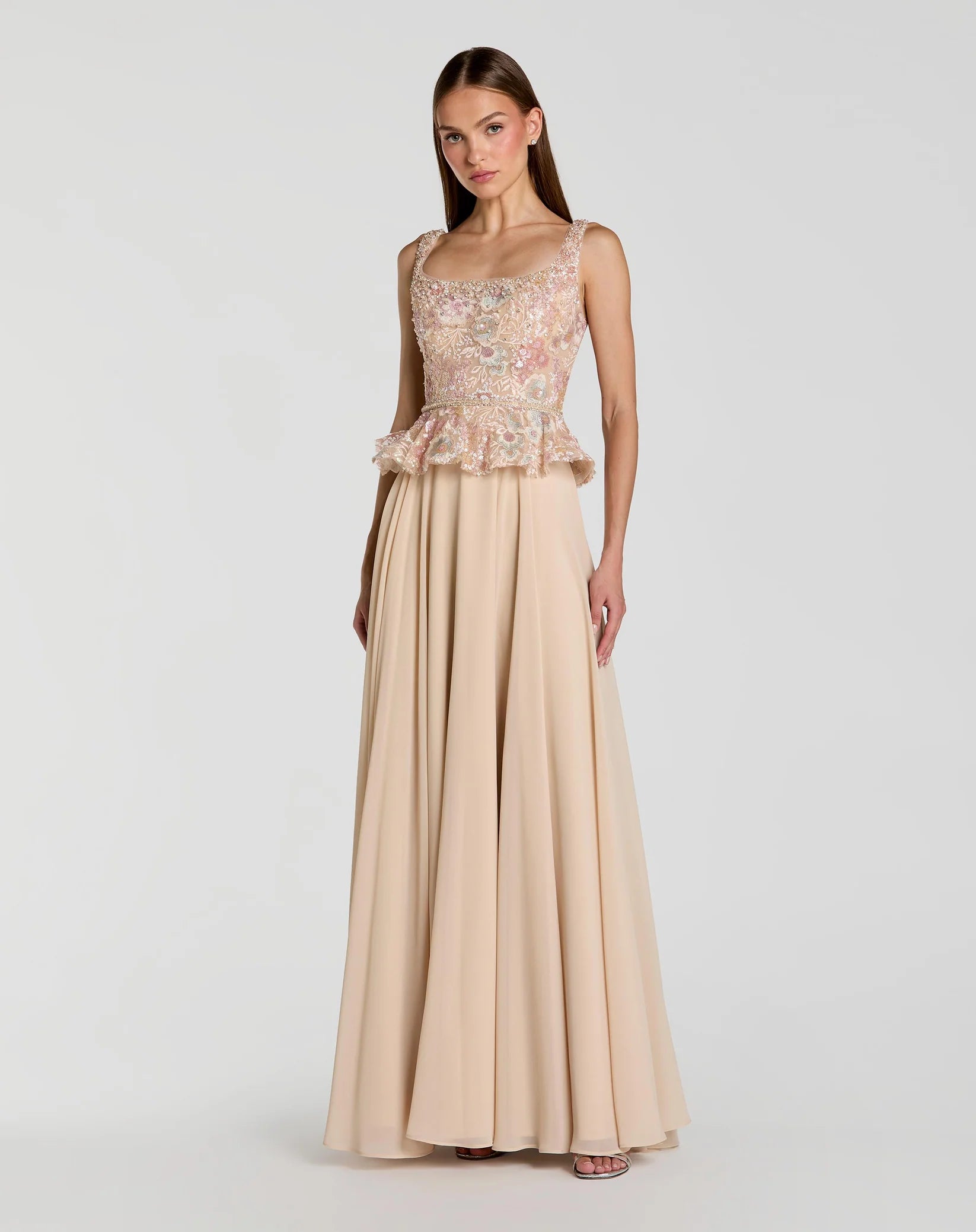 Mac Duggal Beige Embroidered Peplum Top With Chiffon Skirt Gown #21317