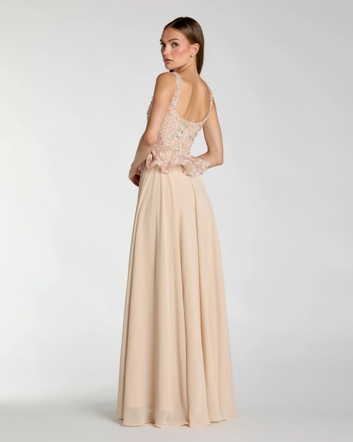 Mac Duggal Beige Embroidered Peplum Top With Chiffon Skirt Gown #21317