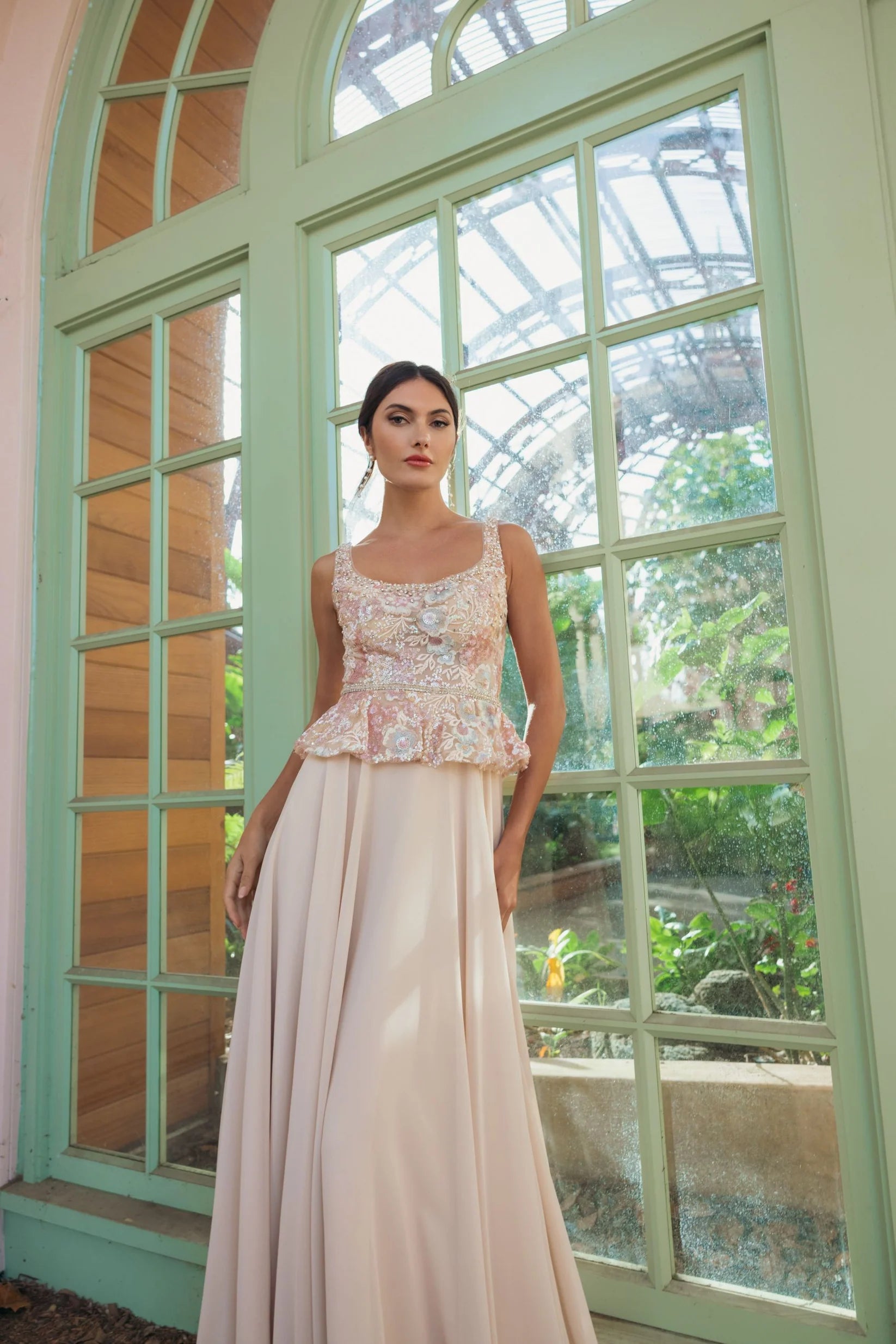 Mac Duggal Beige Embroidered Peplum Top With Chiffon Skirt Gown #21317