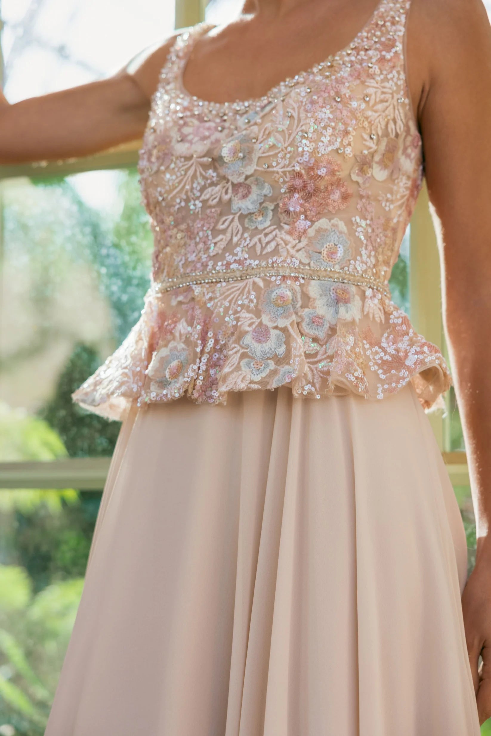 Mac Duggal Beige Embroidered Peplum Top With Chiffon Skirt Gown #21317